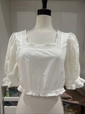 White Lace-Trim Square Neck Puff Sleeve Blouse